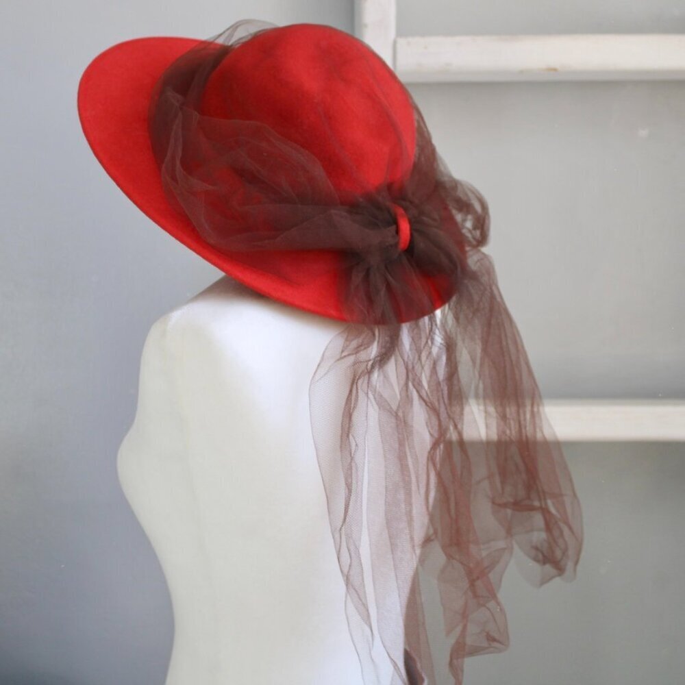 Frank Olive Marshall Field & CO VTG Red Wide Brim Wool Hat with Brown Mesh Veil - Picture 2 of 7